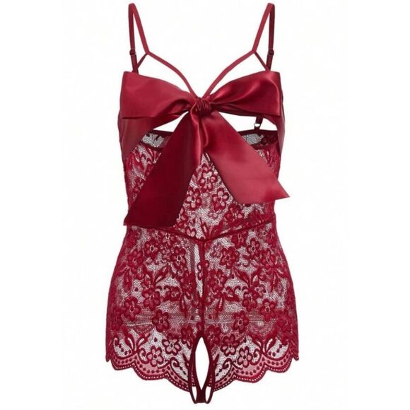 None Other - Lingerie Medium red bow crotch less lace sexy bodysuit